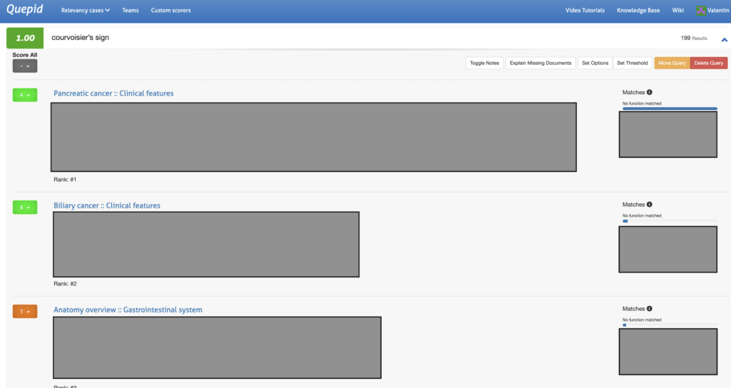 Search result annotation tool: Quepid. Human raters provide judgments for search results. Some details are removed (grey boxes).